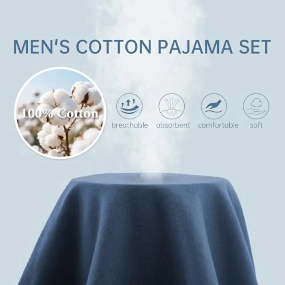 Men's Cotton Pajama Set Short Sleeve Button Down Lounge Sleepwear Classic Comfy
